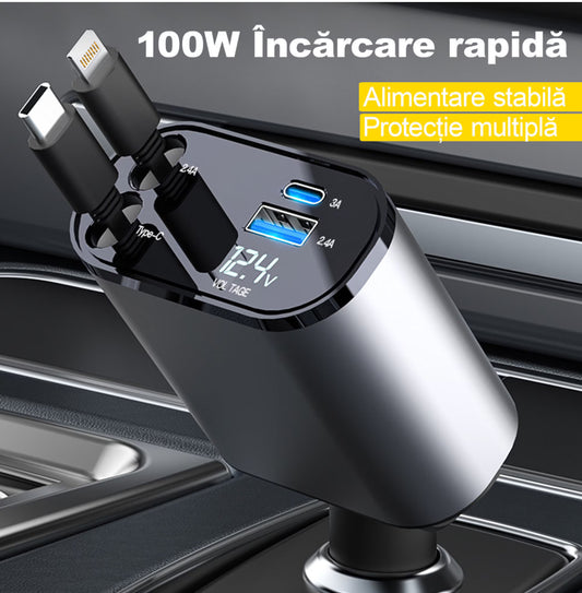 Încărcător Auto 4 în 1 – Cabluri Retractabile (80 cm)