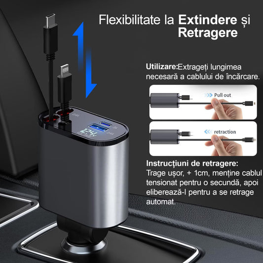 Încărcător Auto 4 în 1 – Cabluri Retractabile (80 cm)
