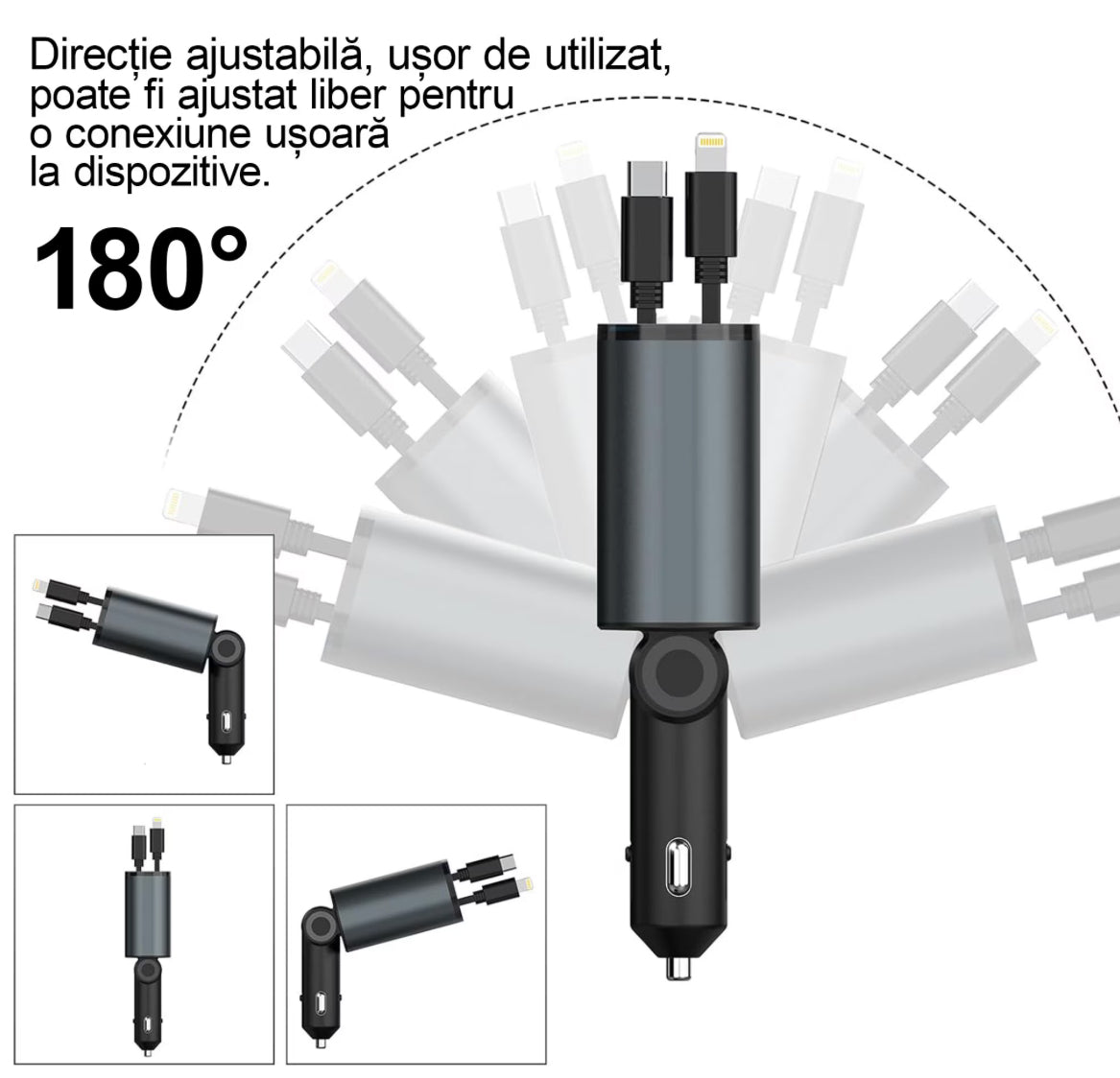Încărcător Auto 4 în 1 – Cabluri Retractabile (80 cm)
